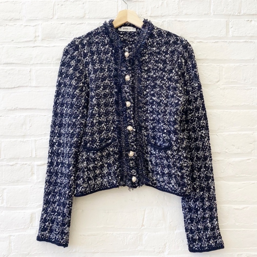 Zara || Tweed Knit Fringe Blingy Pearl Cardigan Jacket Medium really a small